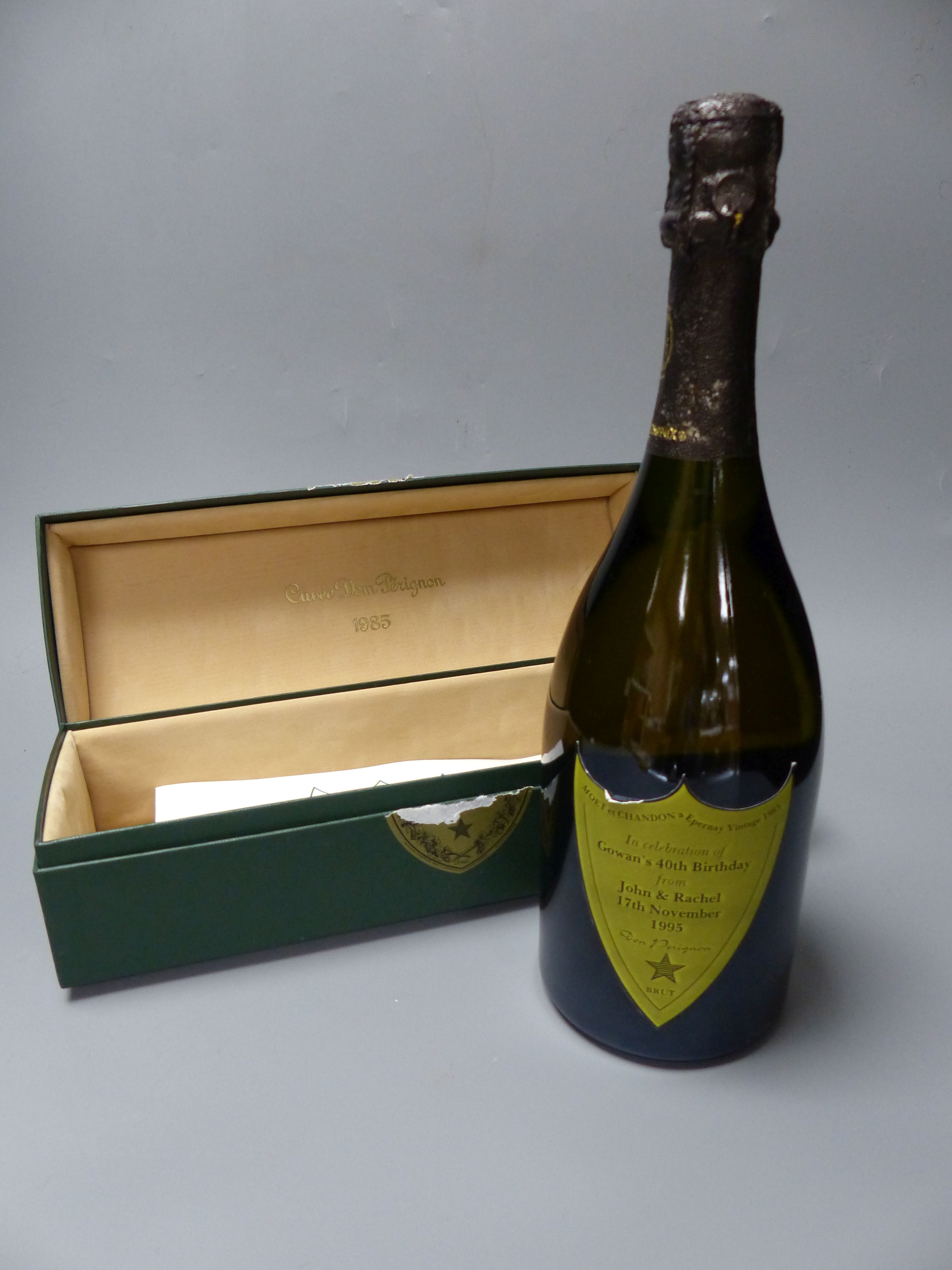 One bottle of Dom Perignon, 1985, with later personalised presentation label, boxed.